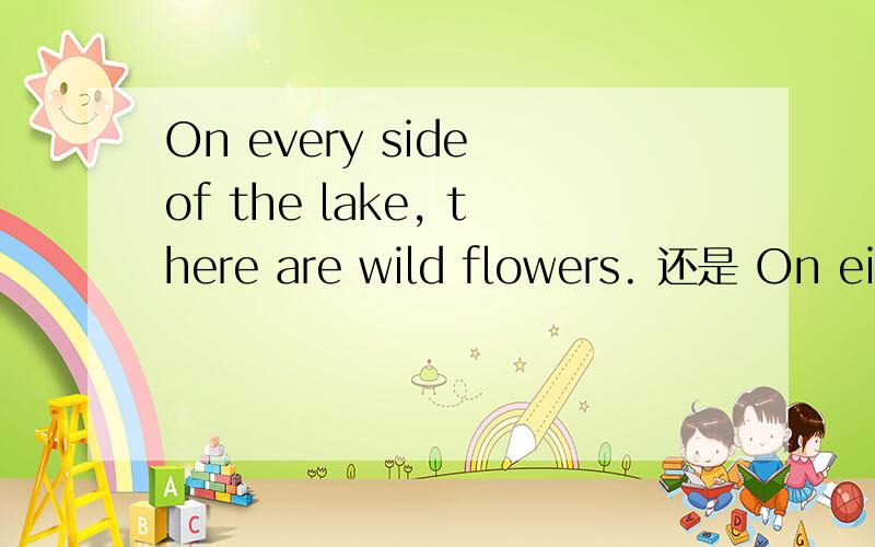 On every side of the lake, there are wild flowers. 还是 On either side of the lake, there are wild