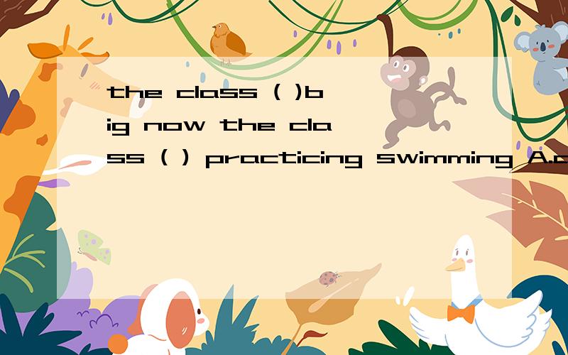 the class ( )big now the class ( ) practicing swimming A.are; are B.are; is C .is; is D.is; are