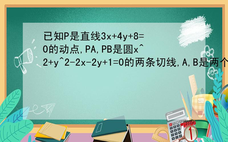 已知P是直线3x+4y+8=0的动点,PA,PB是圆x^2+y^2-2x-2y+1=0的两条切线,A,B是两个切点,C是圆心,求四边